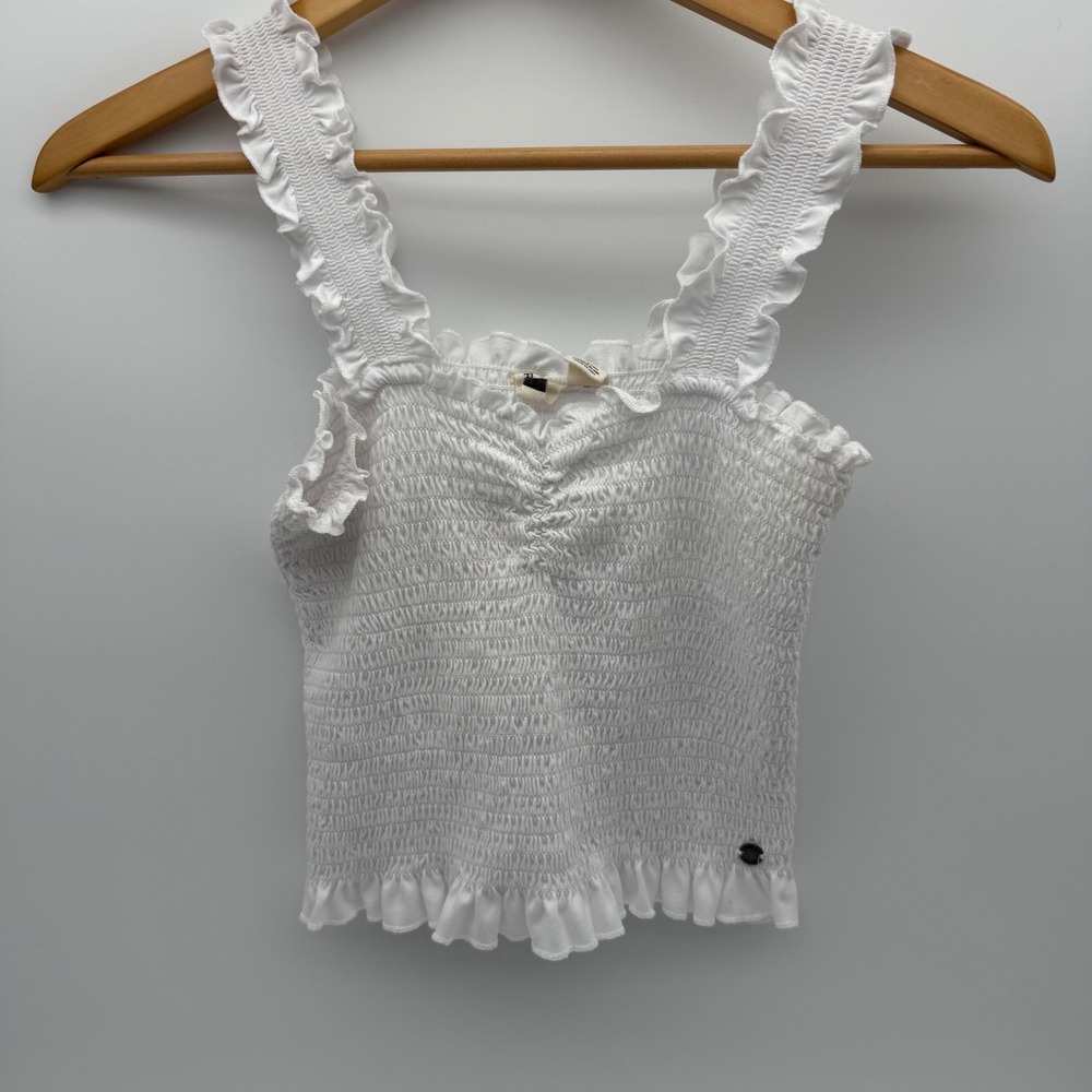 ROXY M Womens White Smocked Ruffle Crop Tank Top Ruched Coquette Cottagecore Y2K